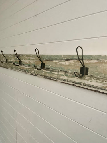 Handmade Rustic Weathered Chippy Paint Coat Rack With 7 Vintage Wire Hooks.