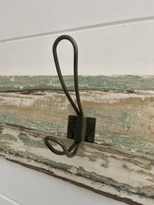 Handmade Rustic Weathered Chippy Paint Coat Rack With 7 Vintage Wire Hooks.