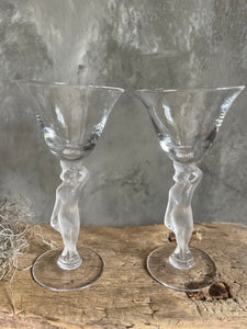 Vintage Pair of Lalique Figural “Frosted Goddess” Glasses - Made in France.