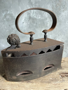 Antique Rustic Coal Iron With Unusual Rusty Handle & Decorative Sides.