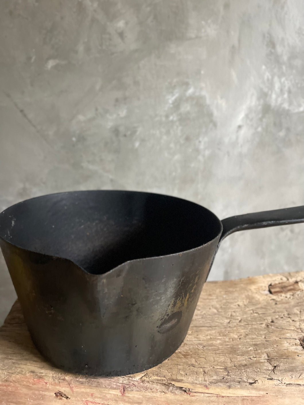 Antique Farmhouse Black Cast Iron Pot With Pouring Lip.