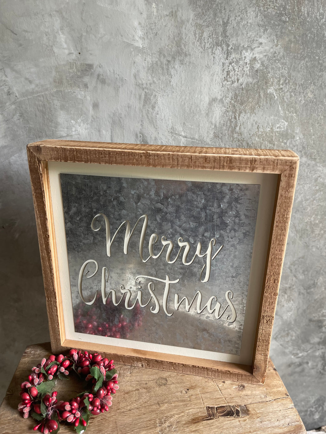 Merry Christmas Decorative Metal Sign In Timber Box Frame - USA