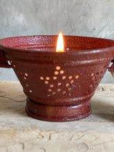 Load image into Gallery viewer, Rustic Deep Burgundy Colander Candle Pan Hammered Finish.