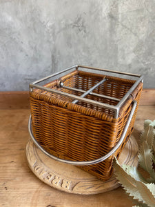 Vintage Woven Cane Condiment Holder With Steel Detail.