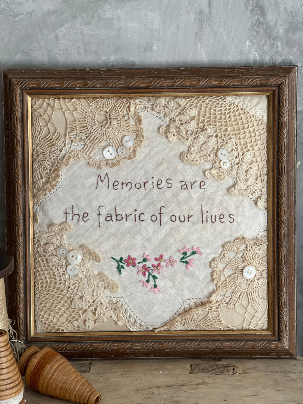 Vintage Framed & Stitched Doily With Antique Buttons.