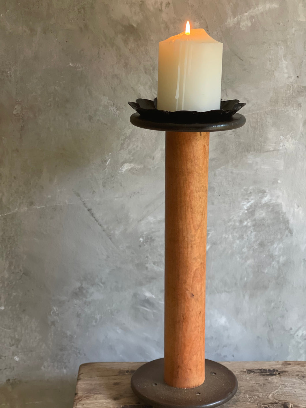 Large Rustic Industrial Bobbin With Candle Pan.