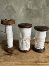 Load image into Gallery viewer, Bobbins With French Antique Broderie Anglaise Lace Set of 3