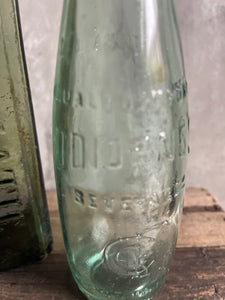Antique Large Schnapps & Soft Green Soda Bottle.
