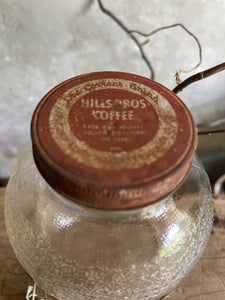 Hills Bros. Large Coffee Jar With Partial Label & Lid - Circa 1950.
