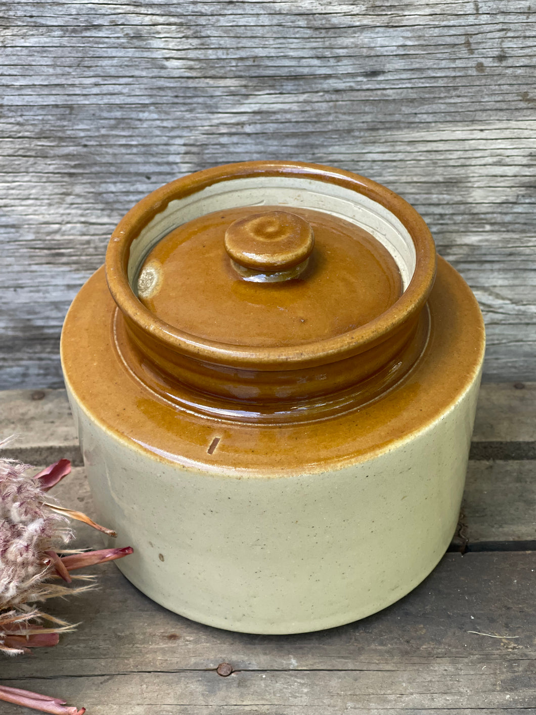 Two Toned Stoneware Crock With Lid.