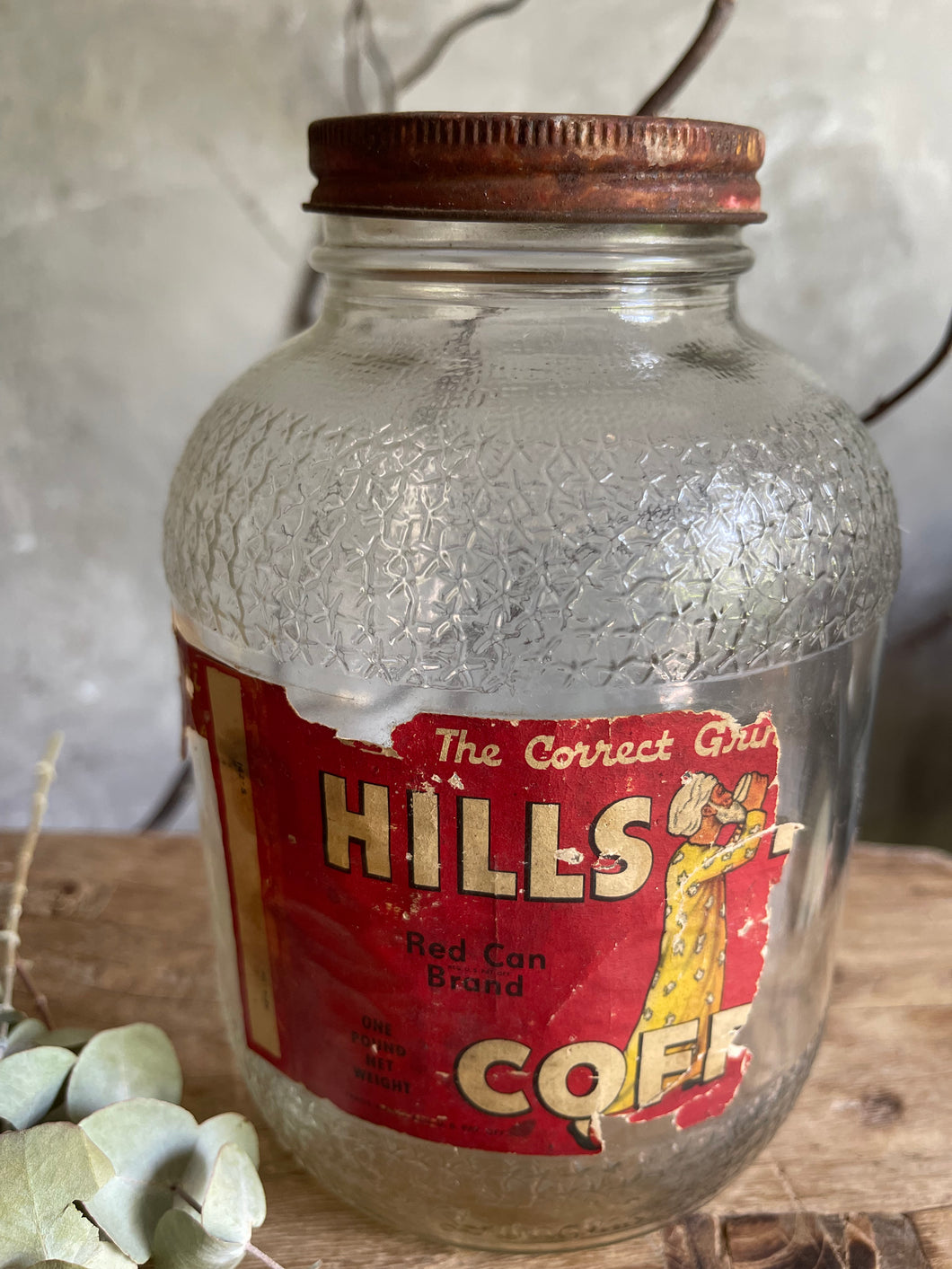 Hills Bros. Large Coffee Jar With Partial Label & Lid - Circa 1950.